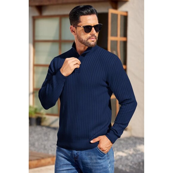 Men's Quarter Button Sweater Long Sleeve Stand Collar Sweater Knitted Navy Blue - Picture 3 of 5
